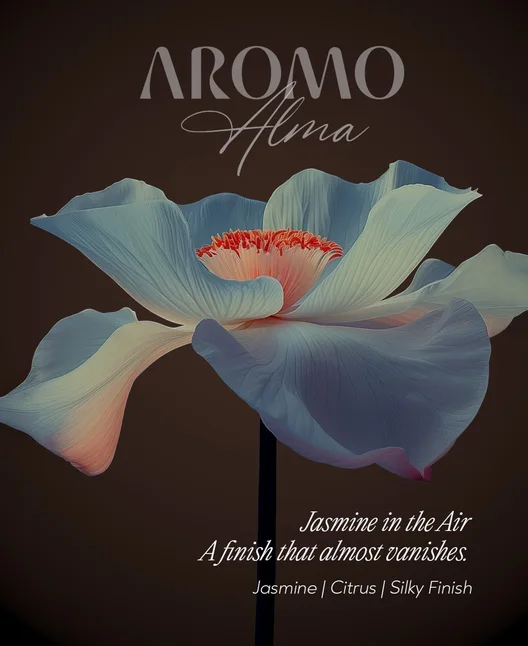 Cartaz da Aromo Alma com uma flor e as notas de jasmim e cítrico.